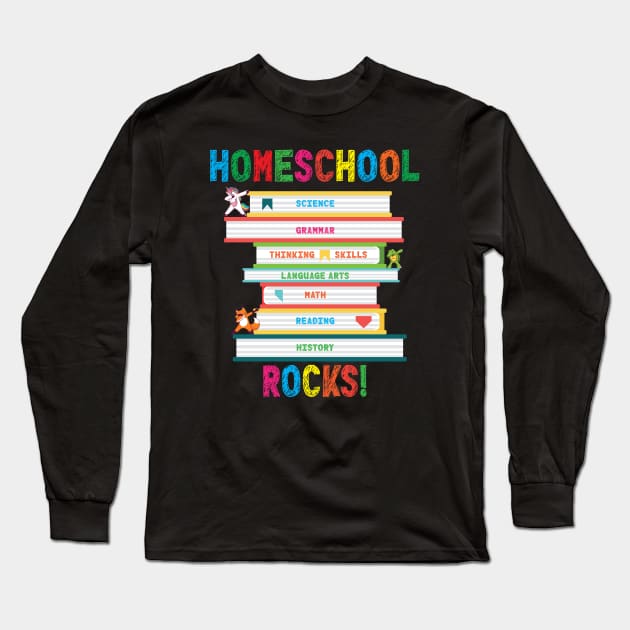 Homeschool Rocks Dabbing Unicorn Fox Turtle Education Books Long Sleeve T-Shirt by Rosemarie Guieb Designs